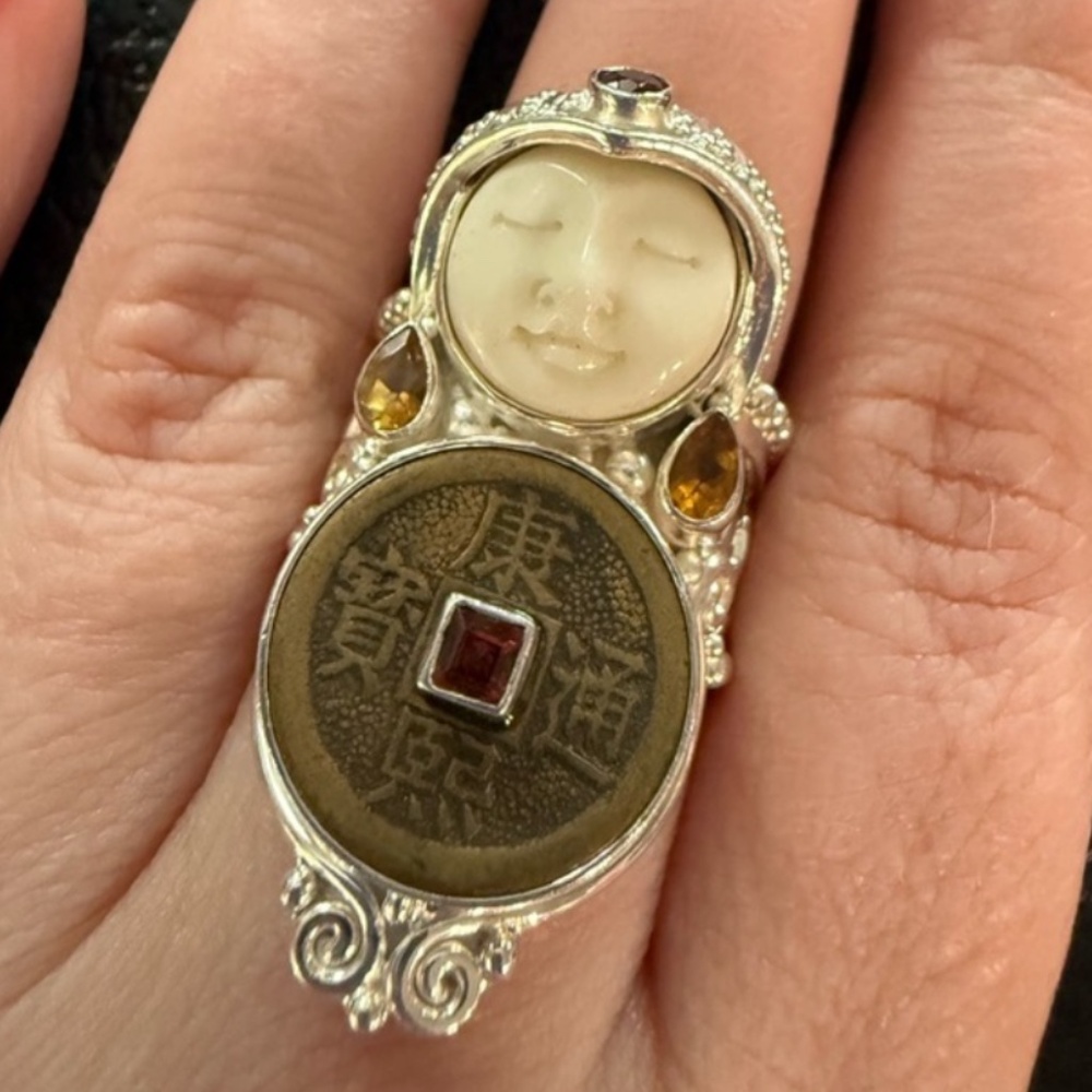 Vintage Sajen Sterling Silver Carved Bone and Multi Gemstone Ring Size 8